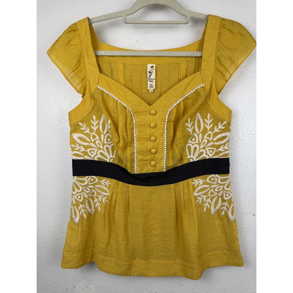 Anthropologie Floreat Blouse Mustard Yellow Cap Sleep Floral Embroidered Size 6
